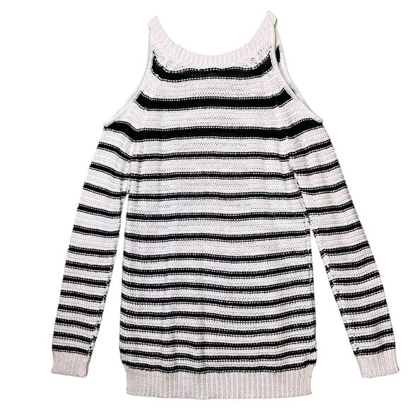 La Classe Couture Sweater Womens XS Black White Striped Cold Shoulder Pullover - Picture 3 of 12